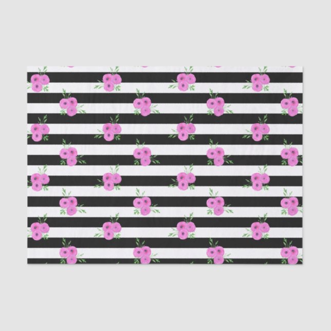 Black White Stripes Pink Ranunculus Floral Pattern Tissue Paper (Front)