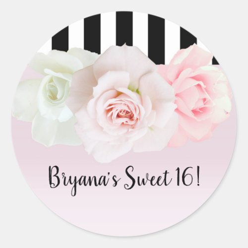 Black  White Stripes Pink Roses Bridal Shower Classic Round Sticker