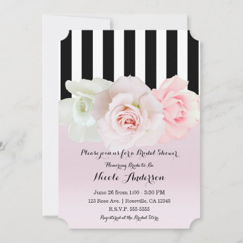 Black  White Stripes Pink Roses Bridal Shower Invitation