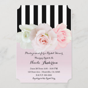 Black & White Stripes Pink Roses Bridal Shower Invitation