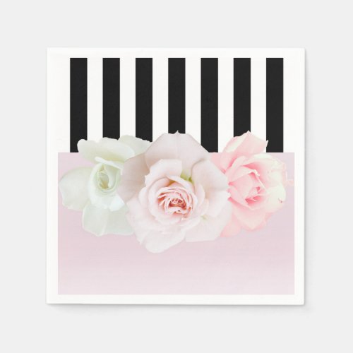 Black  White Stripes Pink Roses Bridal Shower Napkins