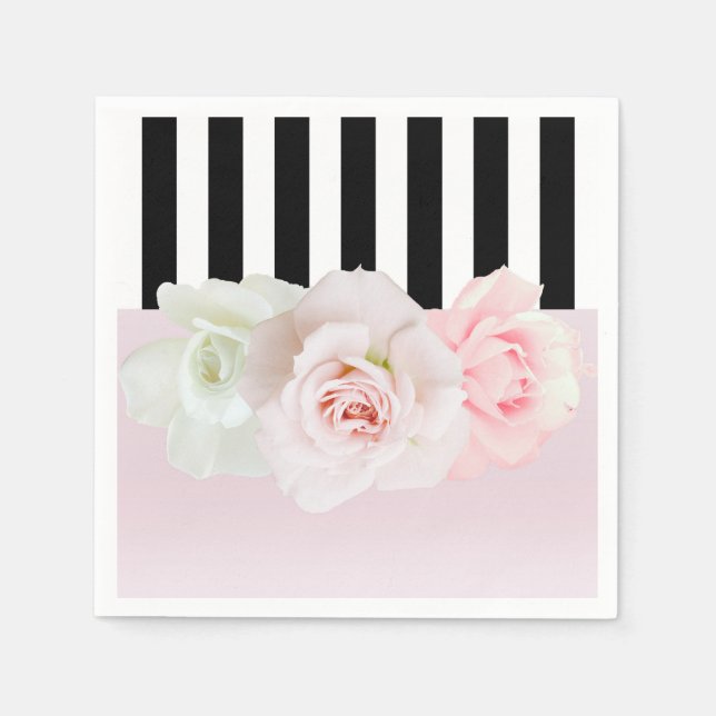 Black & White Stripes Pink Roses Bridal Shower Napkins (Front)