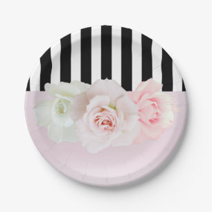 Black & White Stripes Pink Roses Bridal Shower Paper Plates