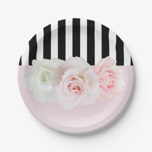 Black  White Stripes Pink Roses Bridal Shower Paper Plates