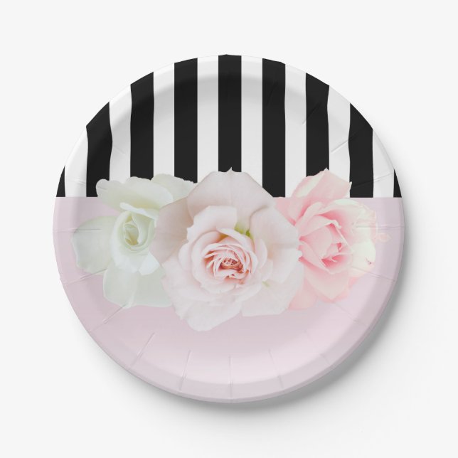 Black & White Stripes Pink Roses Bridal Shower Paper Plates (Front)
