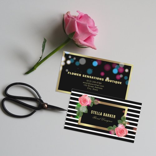 Black  White Stripes Pink Roses Lights Florist Business Card