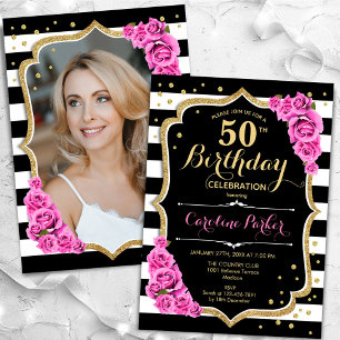 Black White Stripes Pink Roses Photo 50th Birthday Invitation