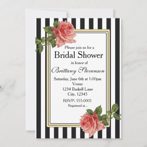 Black White Stripes Pink Roses Vintage Invitation