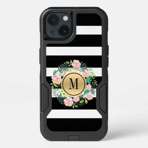 Black  White Stripes Pink Roses Wreath Monogram iPhone 13 Case