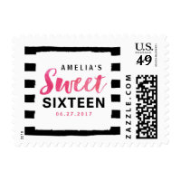 Black & White Stripes Pink Sweet Sixteen Postage