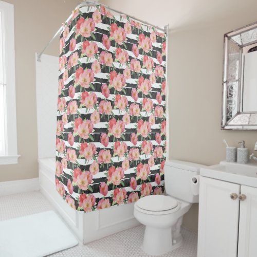 Black White Stripes Pink Watercolor Floral Shower Curtain