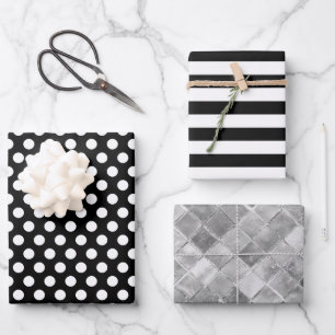 Black White Stripes Polka Dots Silver Foil Wrapping Paper Sheets