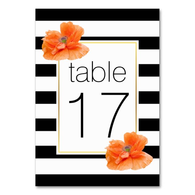 Black white stripes & poppies wedding table number (Front)