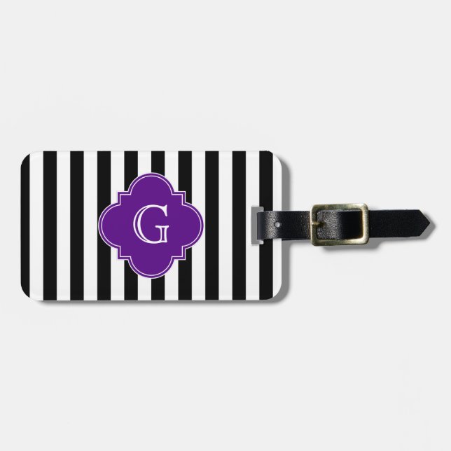 Black White Stripes, Purple Label Monogram Luggage Tag (Front Horizontal)