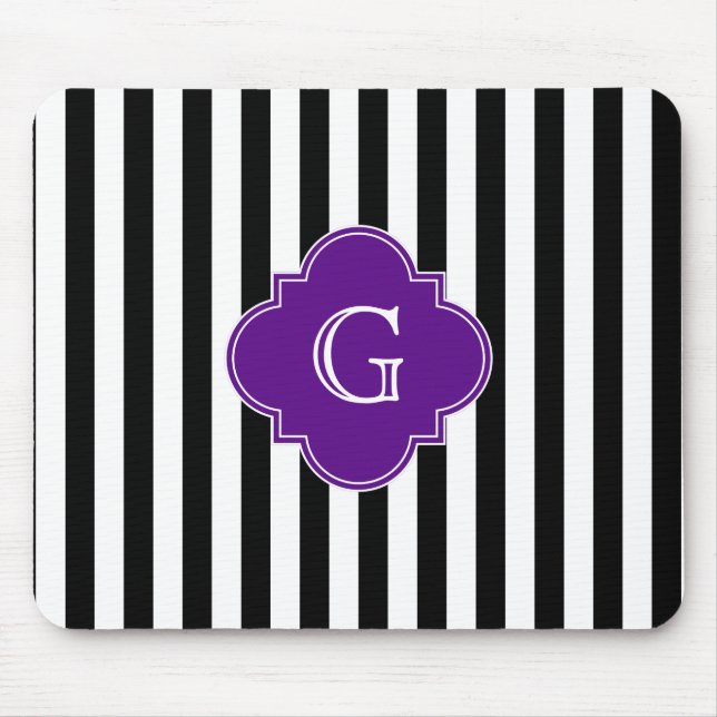 Black White Stripes, Purple Label Monogram Mouse Pad (Front)