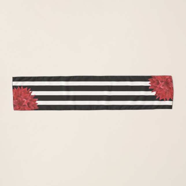 Black White Stripes Red Flowers Scarf (Front (Horizontal))