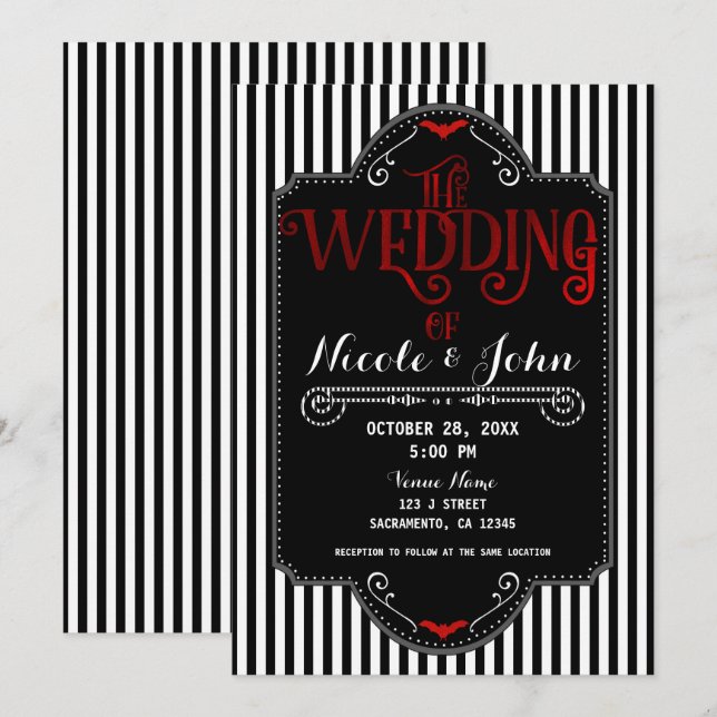 Black White Stripes Red Gothic Bat Wedding Invitation (Front/Back)