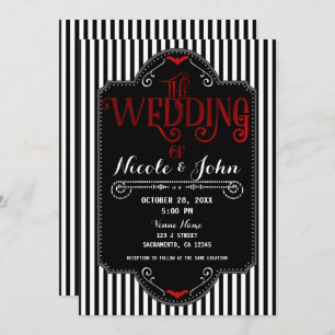 Black White Stripes Red Gothic Bat Wedding Invitation