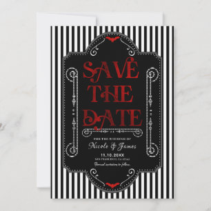 Black White Stripes Red Gothic Bat Wedding Save The Date