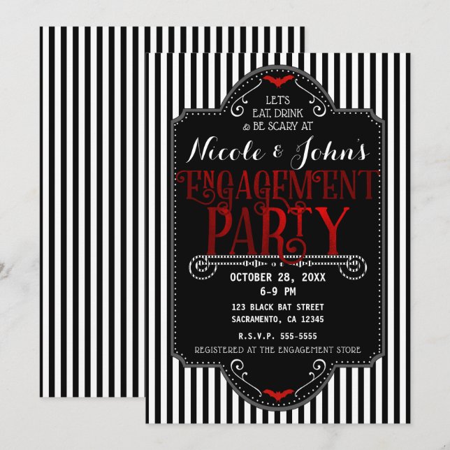 Black White Stripes Red Gothic Engagement Party Invitation (Front/Back)