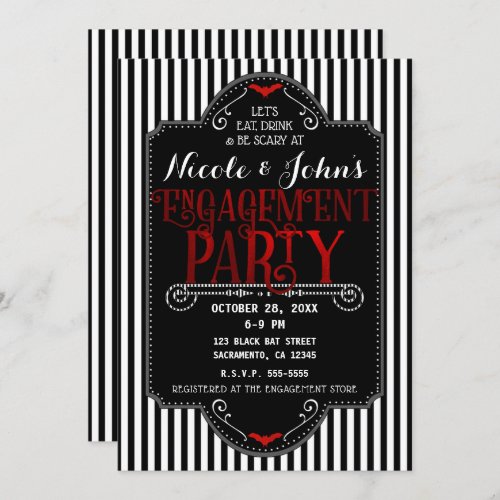 Black White Stripes Red Gothic Engagement Party Invitation