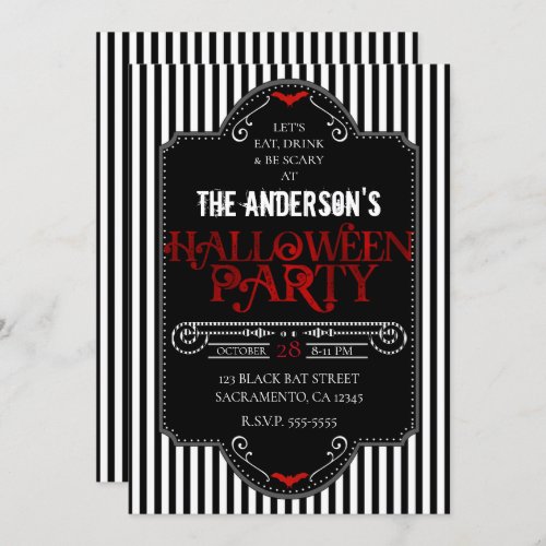 Black White Stripes Red Gothic Halloween Party Invitation