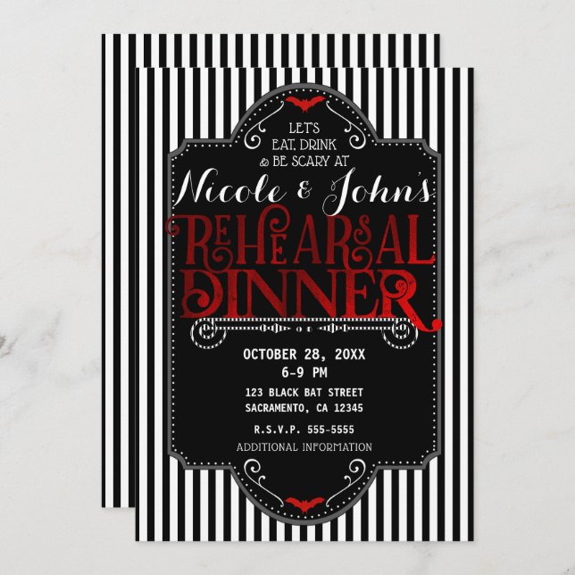 Black White Stripes Red Gothic Rehearsal Dinner Invitation (Front/Back)