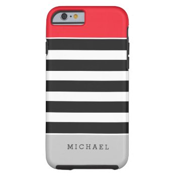 Black White Stripes Red Gray Monogram Name Tough Iphone 6 Case by CityHunter at Zazzle