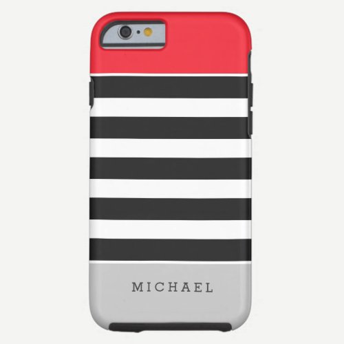 Black White Stripes Red Gray Monogram Name Tough iPhone 6 Case