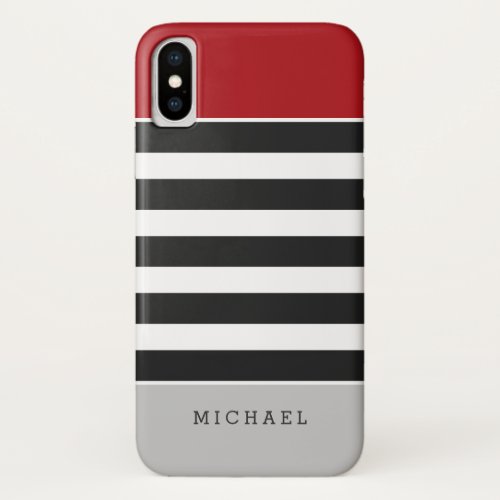 Black White Stripes Red Gray Monogram Name iPhone XS Case
