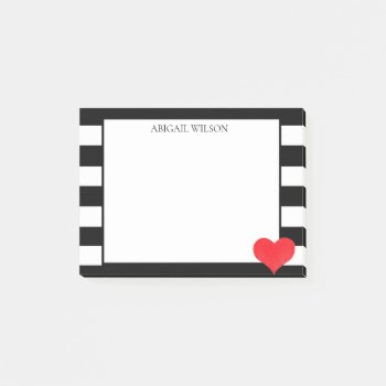 Black & White Stripes Red Heart Personalized Post-it Notes by DesignsActual at Zazzle
