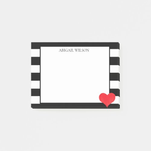 Black  White Stripes Red Heart Personalized Post_it Notes