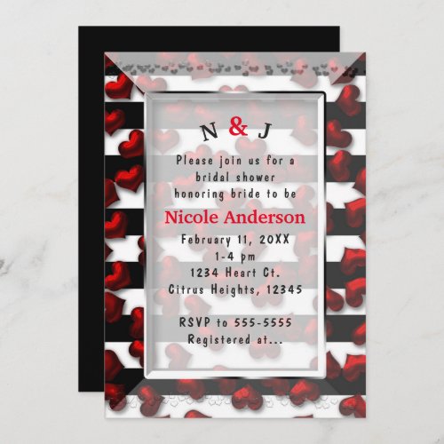 Black White Stripes  Red Hearts Bridal Shower Invitation