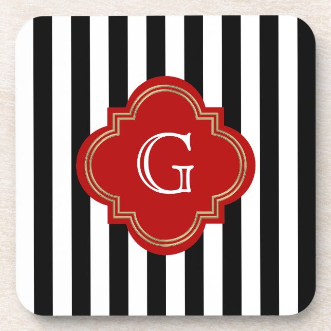 Black White Stripes, Red Label Monogram Beverage Coaster (Front)