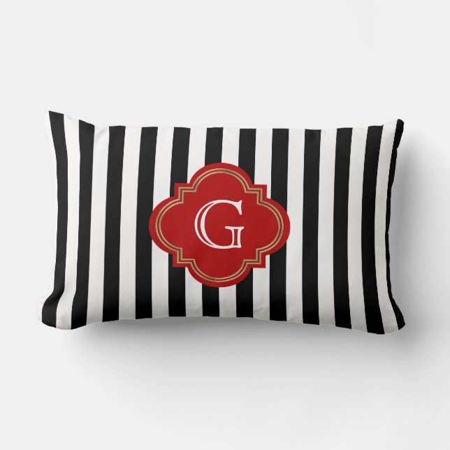Black White Stripes, Red Label Monogram Lumbar Pillow (Front)