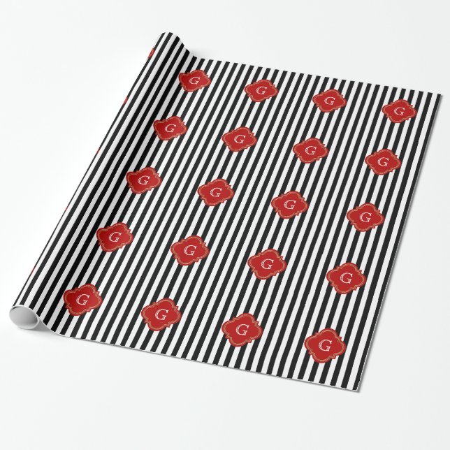 Black White Stripes, Red Label Monogram Wrapping Paper (Unrolled)