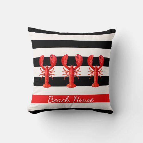 Black white stripes red lobsters throw pillow