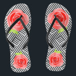 Black White Stripes Red Roses Flip Flops<br><div class="desc">FLIP FLOPS for WOMEN or MEN with a custom design of red roses on a background of boxed black and white diagonal stripes. Fun for every day or wear to a Derby Day party,  bridal shower or fun for bridal party gift. MATCHING items in our store.</div>