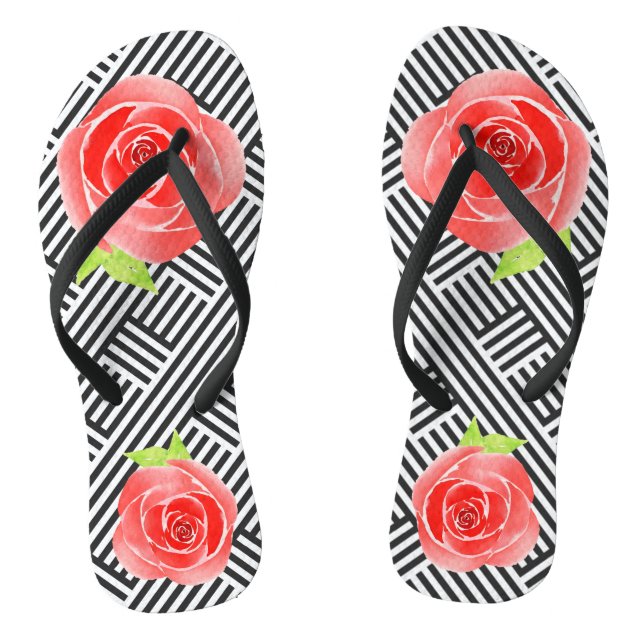 Black White Stripes Red Roses Flip Flops (Footbed)
