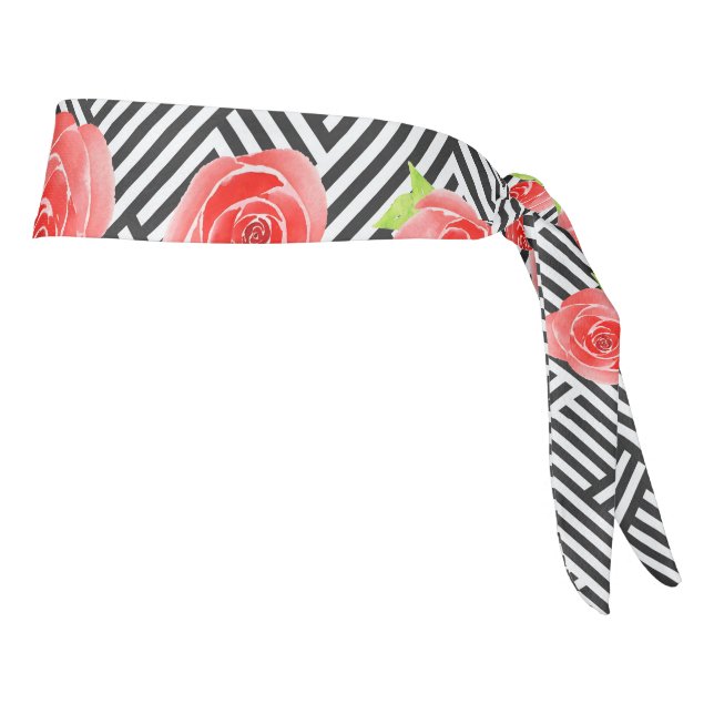 Black White Stripes Red Roses Floral Tie Headband (Rotate 90)