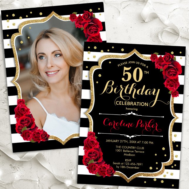 Black White Stripes Red Roses Photo 50th Birthday Invitation (Creator Uploaded)
