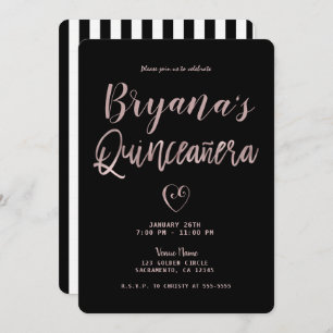 Black & White Stripes Rose Gold 15 Quinceañera Invitation