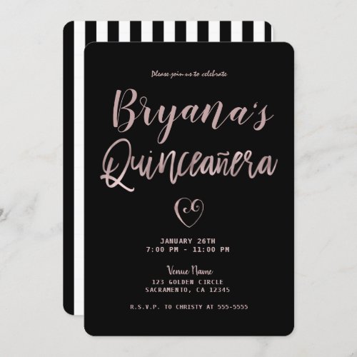 Black  White Stripes Rose Gold 15 Quinceaera   Invitation