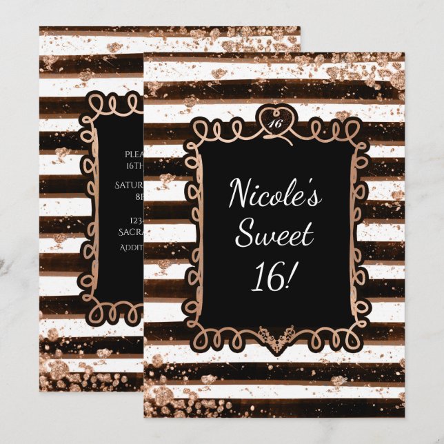 Black & White Stripes Rose Gold Flakes Invitation (Front/Back)