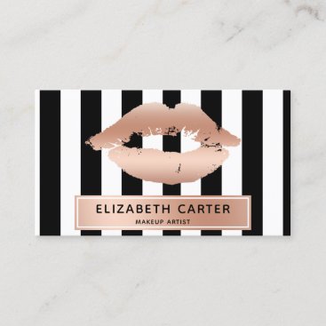 black white stripes rose gold lips makeup artist business card