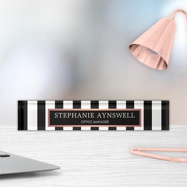 Black White Stripes Rose Gold Personalized Desk Name Plate (Creator Uploaded)