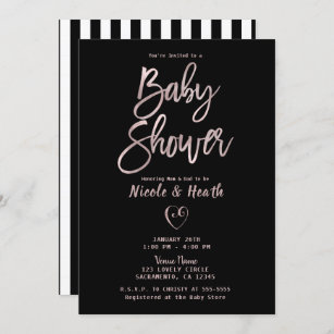 Black White Stripes Rose Gold Pink Baby Shower   Invitation