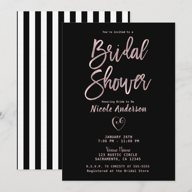 Black White Stripes Rose Gold Pink Bridal Shower   Invitation (Front/Back)