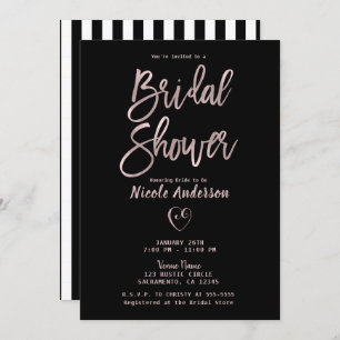 Black White Stripes Rose Gold Pink Bridal Shower   Invitation