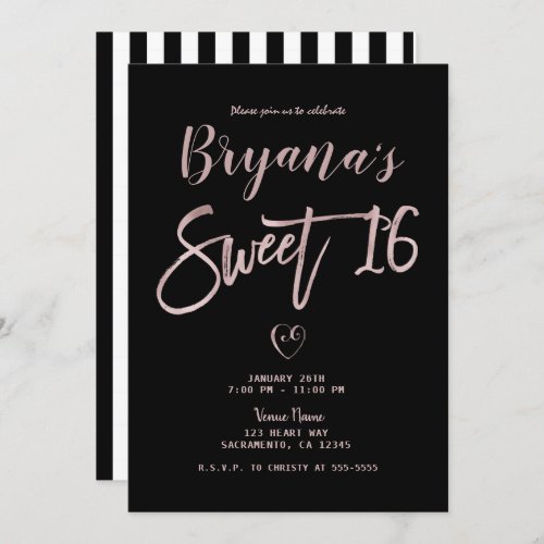 Black White Stripes Rose Gold Pink Chic Sweet 16   Invitation